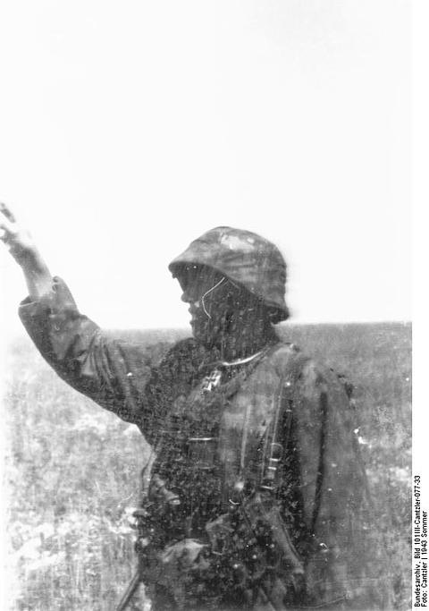 Period photograph: a soldier in camouflage raising one arm in an open landscape