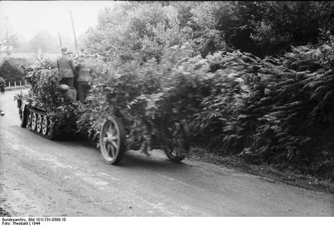 Period photograph: a half-track towing a trailer, both covered with brushwood, on a road lined with hedges