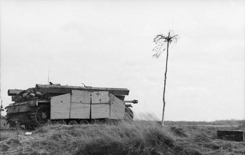Period photograph: an assault gun with pale side plates on a grassy rise