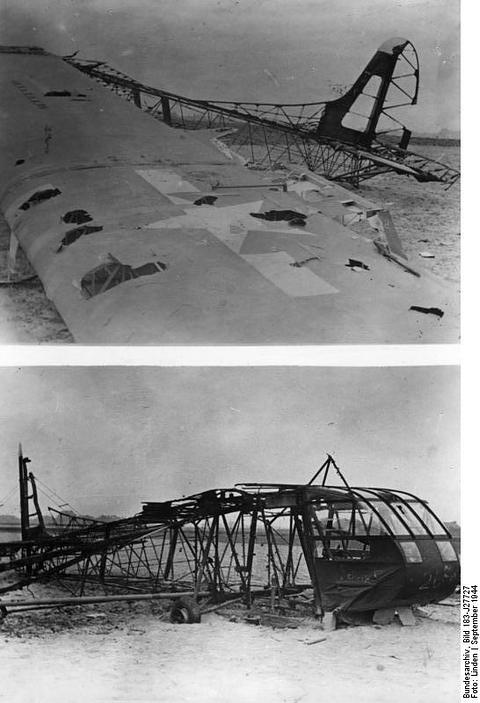 Period photograph: two views of broken glider wings and fuselage frames on a field