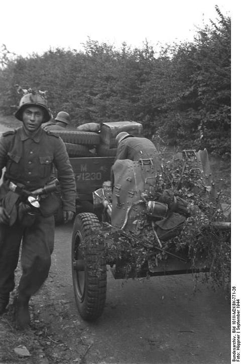 Period photograph: a soldier walking beside a small car towing a gun on a woodland road