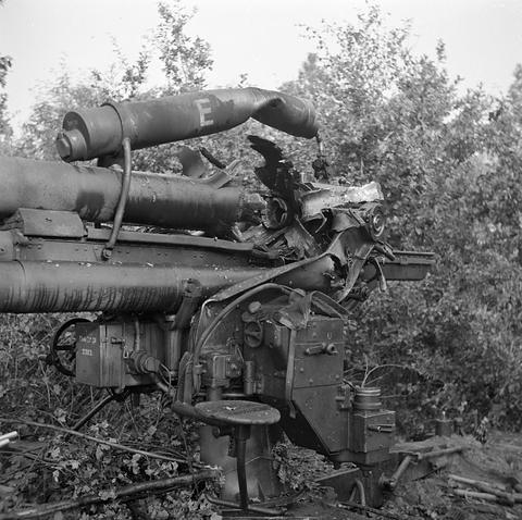 Period photograph: the breech and barrel of a damaged gun among leaves