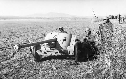 Period photograph: soldiers beside an anti-tank gun in long grass on a plain
