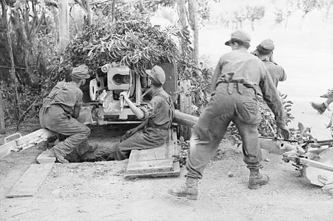 Period photograph: soldiers around a gun covered with foliage beside a road