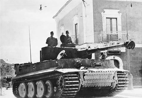 Period photograph: a Tiger I tank in a town street