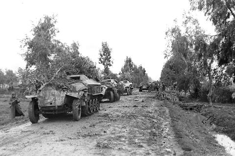Period photograph: half-tracks covered in brushwood driving along a muddy road