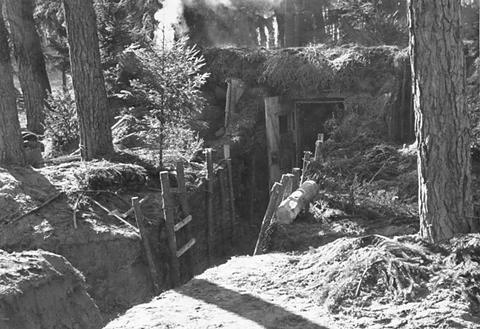 Period photograph: a timber and earth blockhouse half hidden among tree trunks in a wood